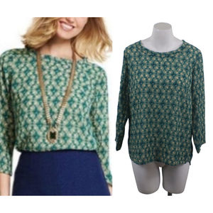 Cabi Size M Novelty Jade Green Leaf Semi Sheer Pullover Office Career Blouse Top